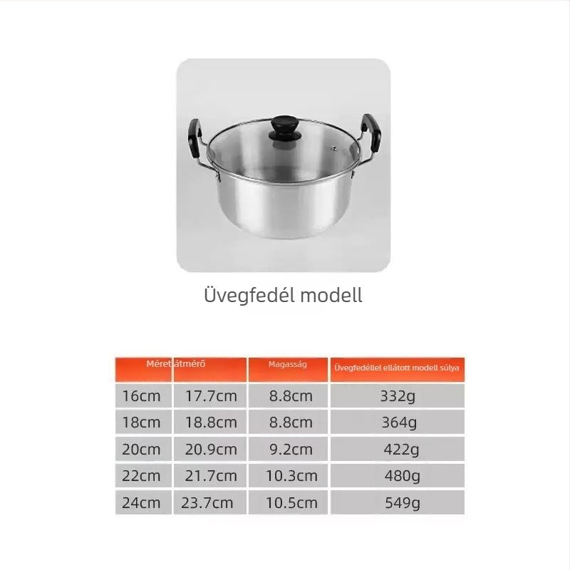 Alumínium főzőedény fedővel, 16–24 cm, kettős fogantyúval, leveses fazék