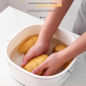 Kétszintes leeresztő és mosó kosár zöldségek és gyümölcsök számára, konyhai mosó- és leszűrő kosár, vastagított műanyag vízszűrő kosár, rizs öblítéséhez