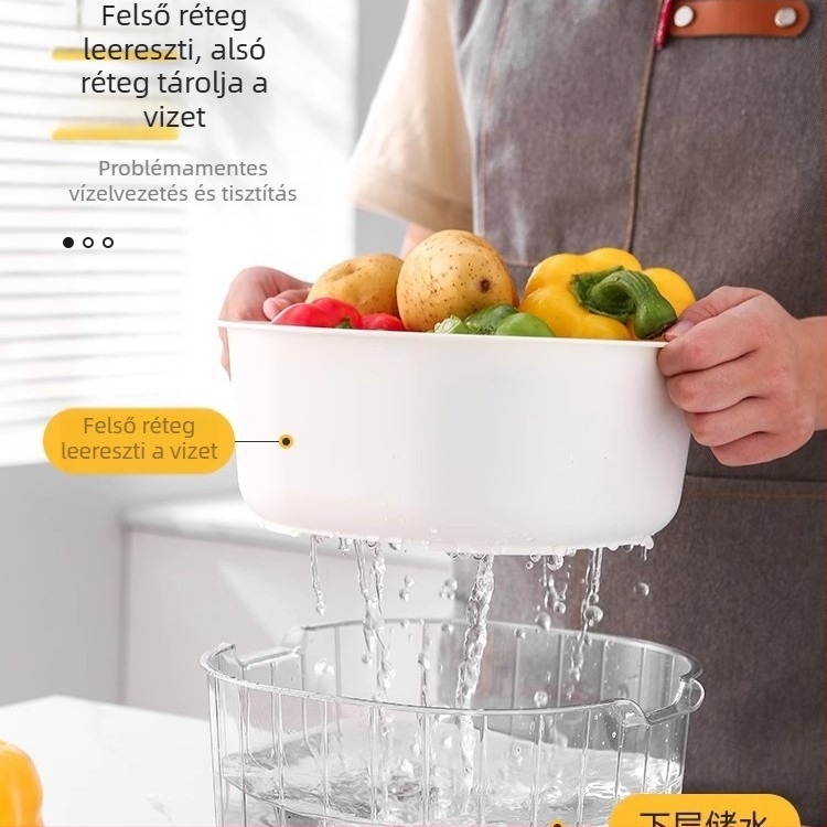 Kétszintes leeresztő és mosó kosár zöldségek és gyümölcsök számára, konyhai mosó- és leszűrő kosár, vastagított műanyag vízszűrő kosár, rizs öblítéséhez