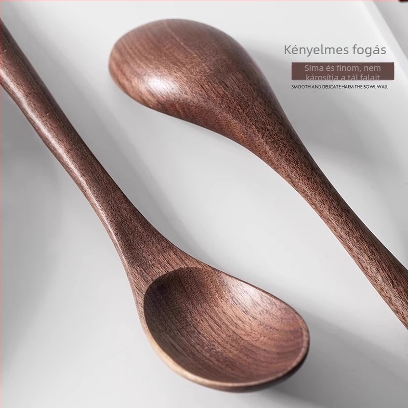 Fekete diófából készült kanál hosszú nyéllel, étkezéshez, leveshez, keveréshez, rizshez és méréshez