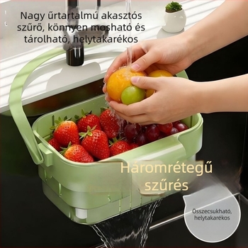 Összecsukható konyhai lefolyókosár, felakasztható a mosogató fölé, polc a csap mellett, élelmiszer-maradékok számára