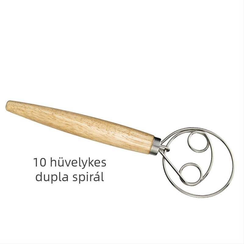 Dán tésztahabverő 304-es rozsdamentes acél spirával és tölgyfa nyéllel