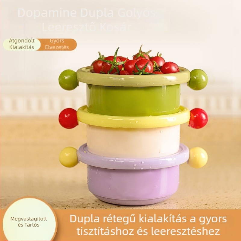 Kétszintes zöldségmosó kosár leeresztő résszel, gyümölcs- és zöldségkosár, multifunkcionális konyhai mosogatókosár