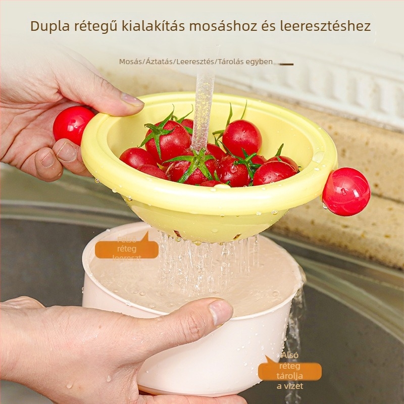 Kétszintes zöldségmosó kosár leeresztő résszel, gyümölcs- és zöldségkosár, multifunkcionális konyhai mosogatókosár
