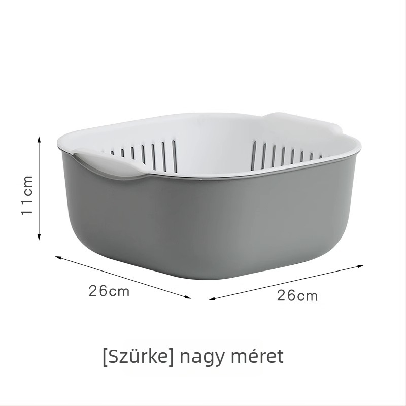 Kétszintes műanyag mosóedény zöldségek és gyümölcsök számára leeresztőkosárral – konyhai többfunkciós kiegészítő