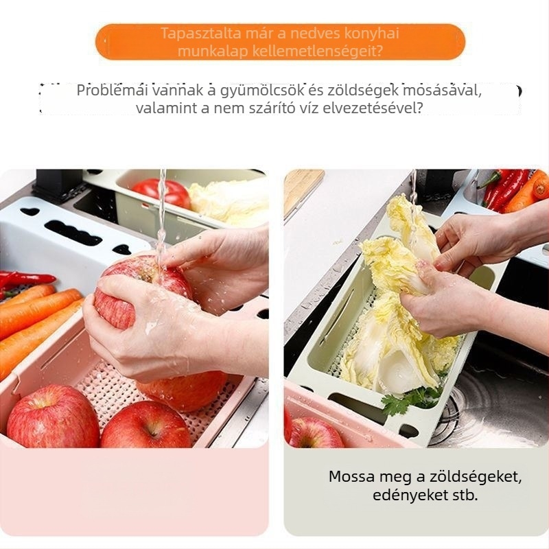 Kinyújtható leeresztő kosár a konyhai mosogatóhoz, dupla rétegű zöldségek mosására, kék