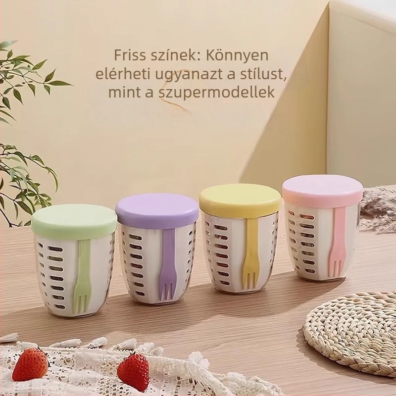 Hordozható, élelmiszer-minőségű gyümölcstál villával – dupla rétegű leeresztő kosárral, kültéri utazásokhoz és irodai használatra