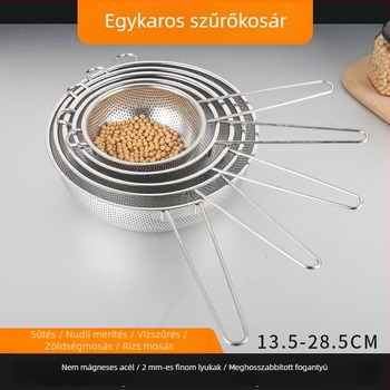 Rozsdamentes acélból készült sűrű lyukú, többfunkciós medence egyetlen fogantyúval; a víz és zsír lecsöpögtetésére; ideális gyümölcsök és zöldségek mosására a konyhában, rizs öblítéséhez.