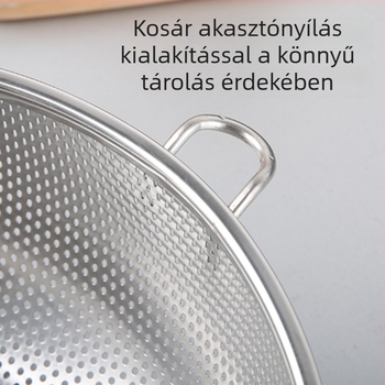 Rozsdamentes acélból készült sűrű lyukú, többfunkciós medence egyetlen fogantyúval; a víz és zsír lecsöpögtetésére; ideális gyümölcsök és zöldségek mosására a konyhában, rizs öblítéséhez.
