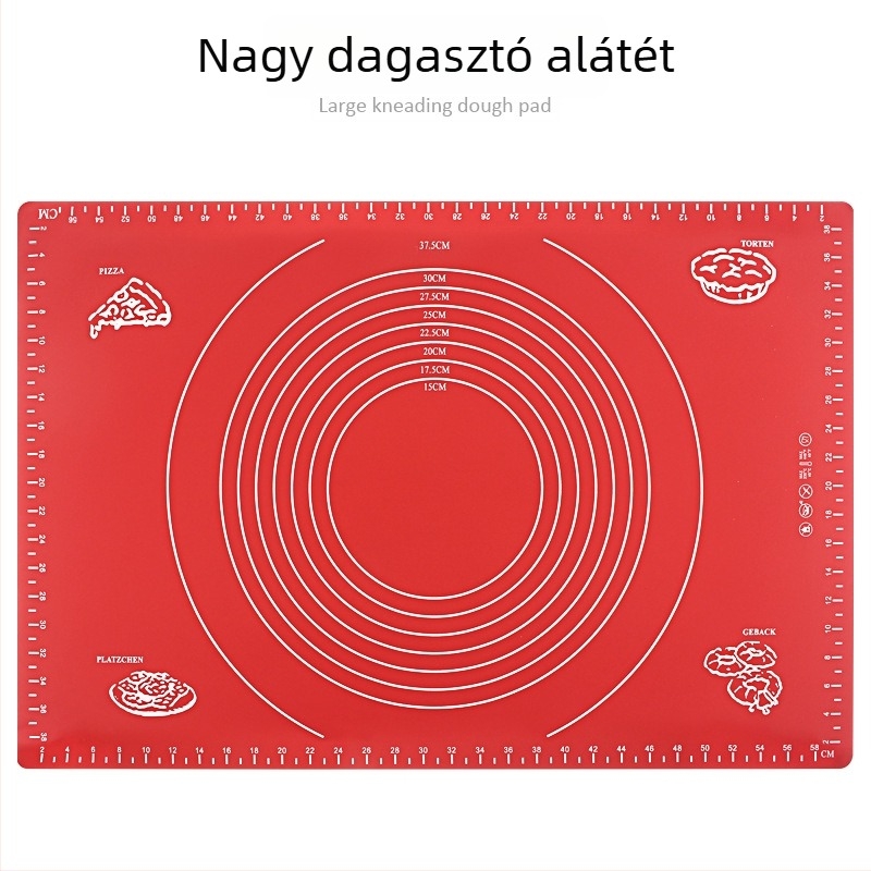 Szilikon konyhai gyúrólap mérőskálával, sodrófelülettel és szilikon vágódeszkával a sütéshez