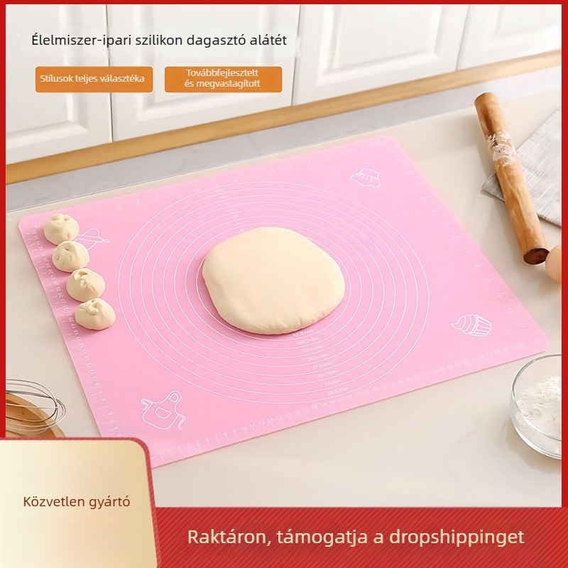 Szilikon dagasztó alátét – élelmiszer-minőségű, hőálló, csúszásmentes sütőalátét mérőjelzésekkel, vastagabb felülettel.