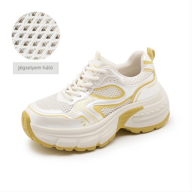 Női hálószövetes dad shoes, könnyű mindennapi sportcipők magasságot növelő sarokkal, nyár 2025, méretek 32–33