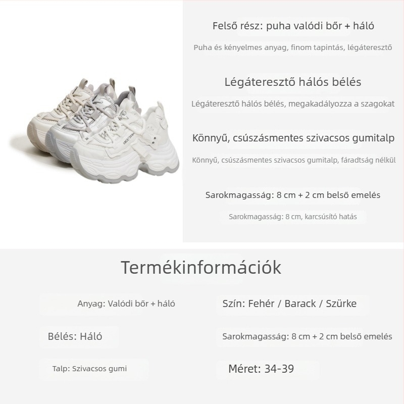 Női 10 cm-es magasságnövelő sneaker, rejtett sarokkal, lélegző, kényelmes, könnyű, mindennapi viselet