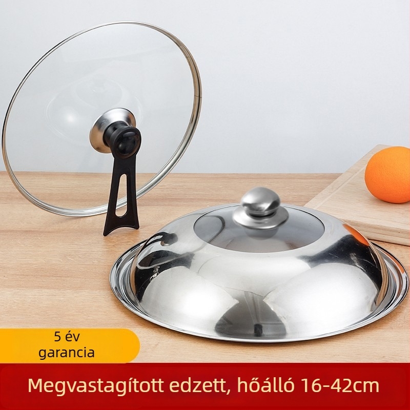32 cm-es wokfedő edzett üveggel és rozsdamentes acélból, átlátszó, kör alakú