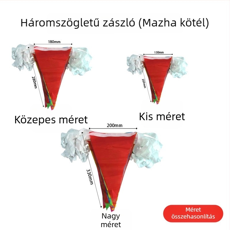10 m hosszú selyemszerű felületű háromszög lobogók ünnepi dekorációhoz, öt szín, három méretben: nagy, közepes, kicsi