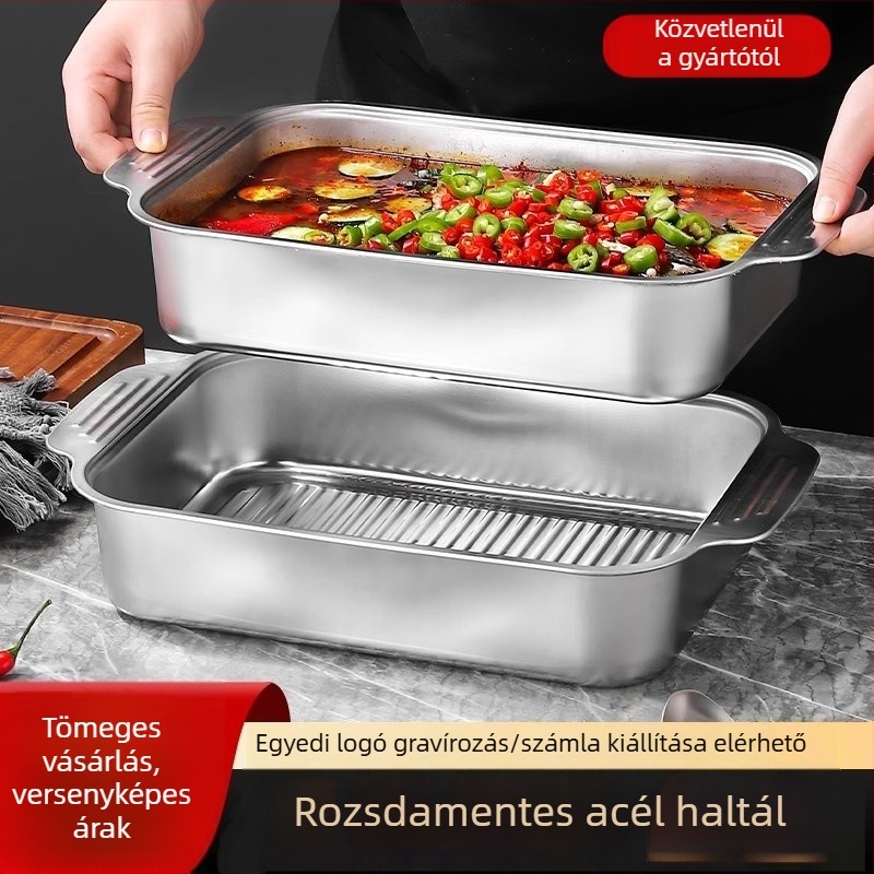 Rozsdamentes acél hals tál fedővel, téglalap alakú grill tál – otthoni és kereskedelmi használatra