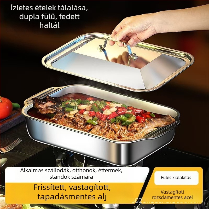 Rozsdamentes acél hals tál fedővel, téglalap alakú grill tál – otthoni és kereskedelmi használatra