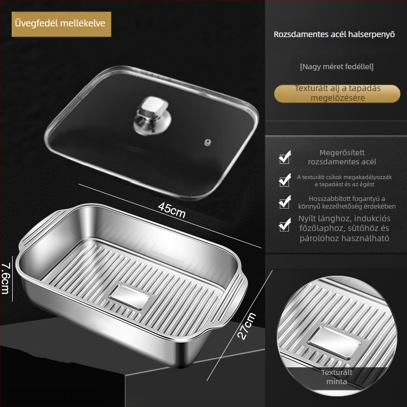 Rozsdamentes acél hals tál fedővel, téglalap alakú grill tál – otthoni és kereskedelmi használatra