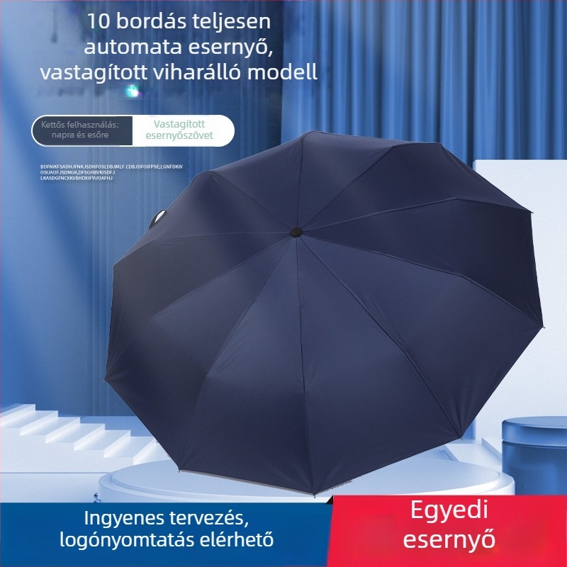 Automata esernyő 10 bordával, összecsukható, napsütés és eső elleni védelem, UV 50+ UPF, háromrészes dizájn, logónyomás