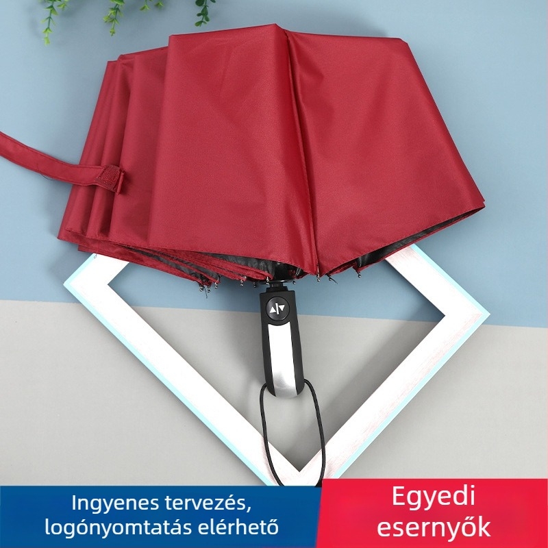 Automata esernyő 10 bordával, összecsukható, napsütés és eső elleni védelem, UV 50+ UPF, háromrészes dizájn, logónyomás