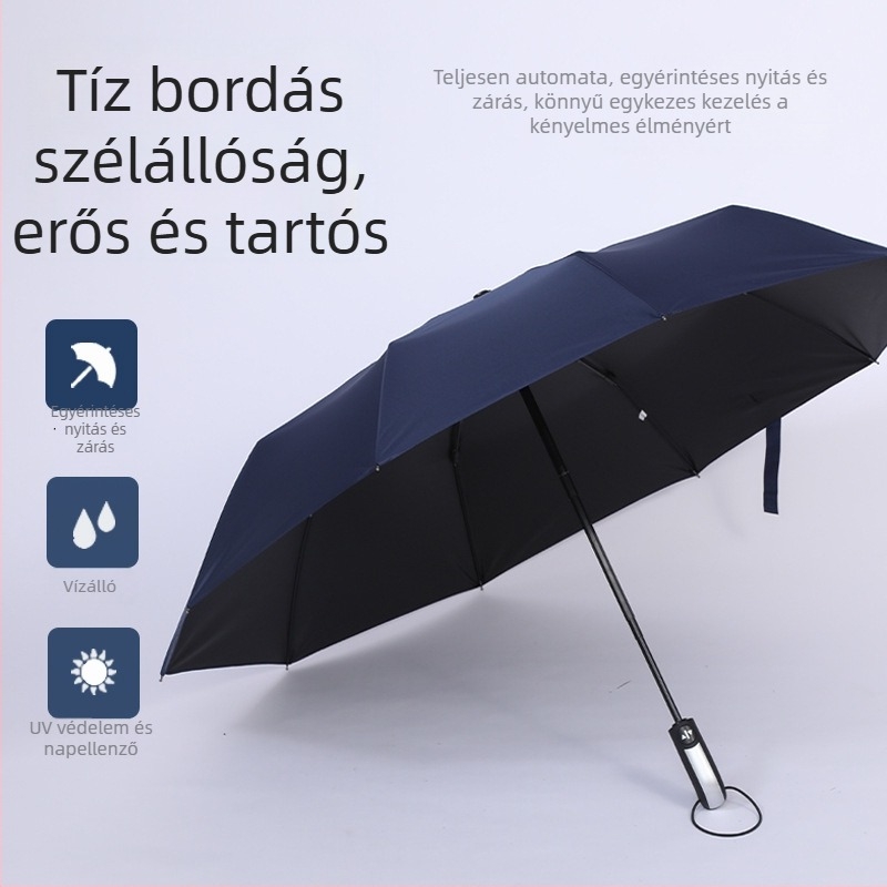 Automata esernyő 10 bordával, összecsukható, napsütés és eső elleni védelem, UV 50+ UPF, háromrészes dizájn, logónyomás