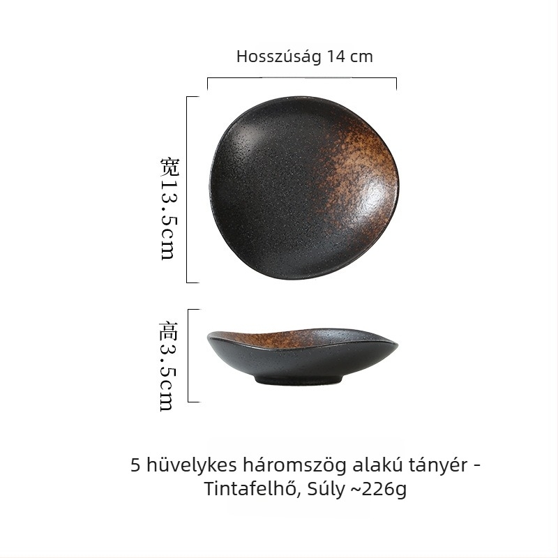 Japán stílusú kerámia sekély tálak rendhagyó formával, sushihoz, sashimivel, kis ételekhez és mártásokhoz, átmérő 14–14,9 cm