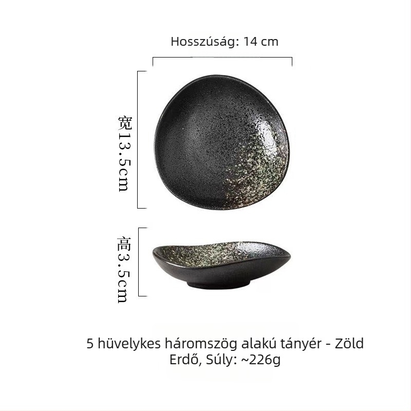 Japán stílusú kerámia sekély tálak rendhagyó formával, sushihoz, sashimivel, kis ételekhez és mártásokhoz, átmérő 14–14,9 cm