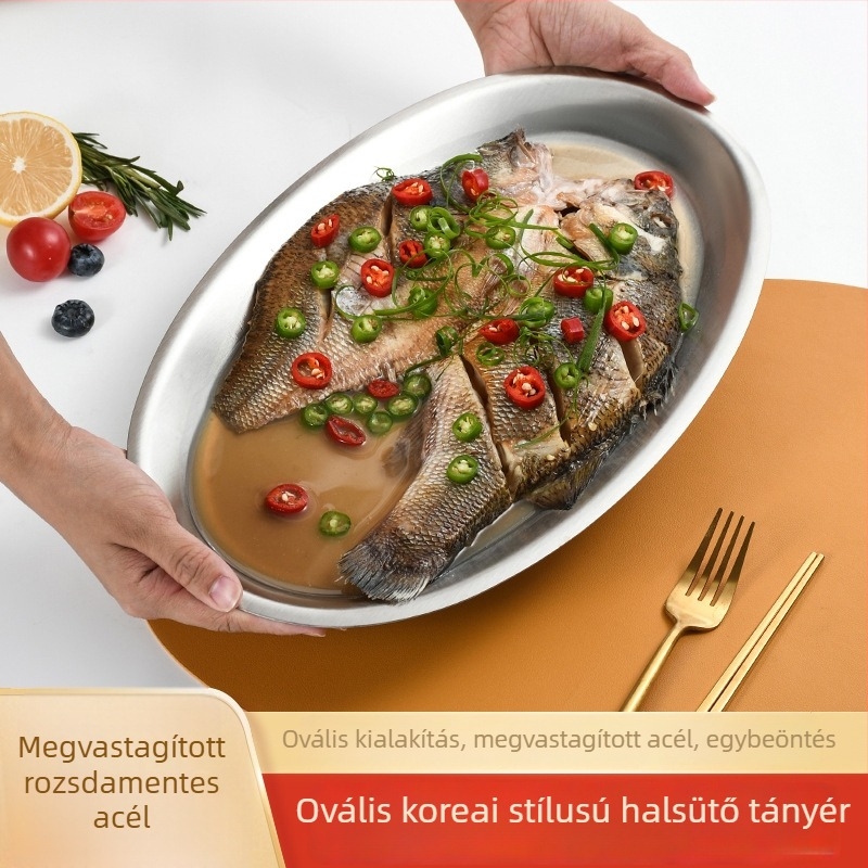 Oval alakú rozsdamentes acél halsplatni, koreai stílusú arany felülettel, konyhai sütő- és pároló tál