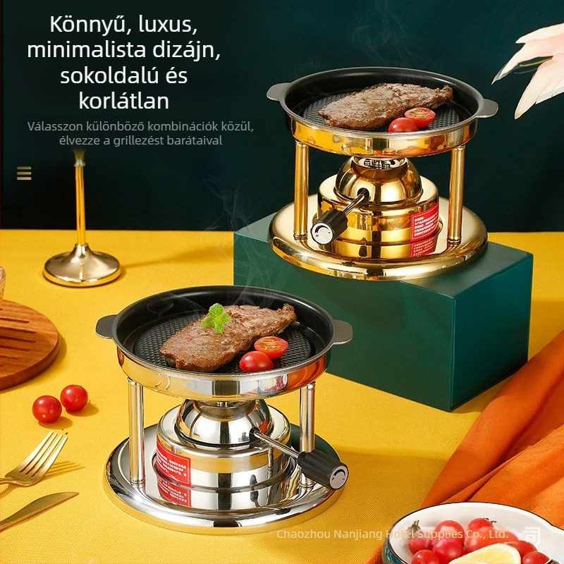 Gázüzemű, egy személyes felfújható grillsütő koreai stílusú tapadásmentes grillfelülettel, húsnyársakhoz és grillserpenyőhöz; szabályozható láng.