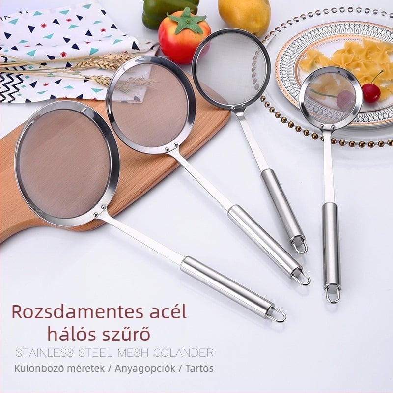 304 rozsdamentes acél szűrőkanál olaj elválasztóval és hálós szitával – ideális forró edényekhez és liszt átszitásához