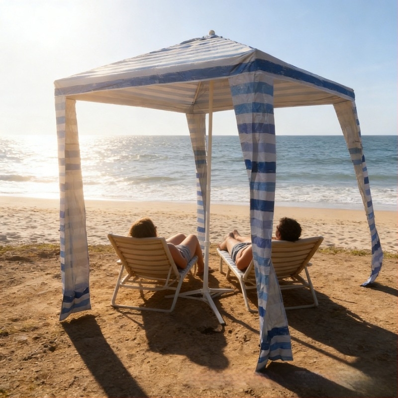 Szabadban használható négyszögletes strandnapernyő logóval, UV védelem PA++, vas keret, kézi nyitás