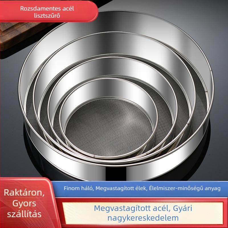 40-es hálójú rozsdamentes acél lisztszitáló, vastított kézi szita sütéshez