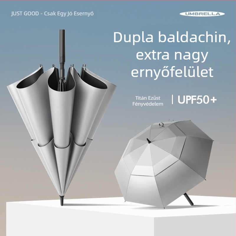 Hosszú fogantyújú, dupla rétegű golfesernyő titánium-szürke egyenes nyéllel, nagy napsütés- és esővédő esernyő automatikus nyitással