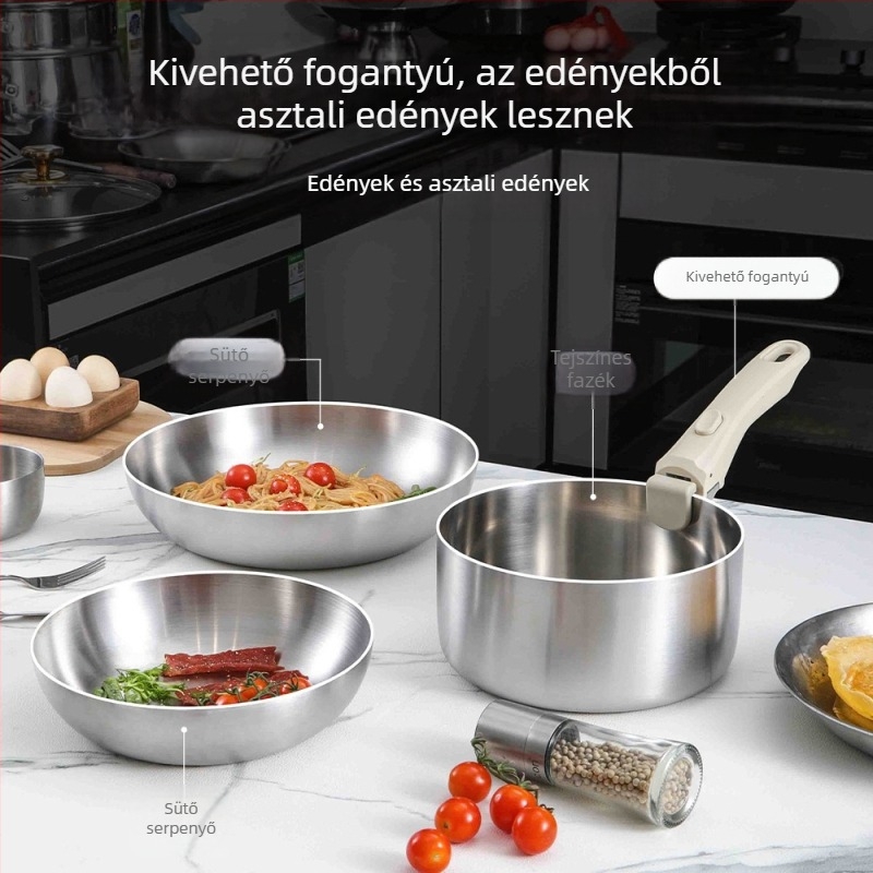 Ye Guo 316 rozsdamentes acélból készült, 6 részes konyhai edénykészlet levehető fogantyúkkal, bevonat nélküli serpenyő és üvegfedél otthoni használatra