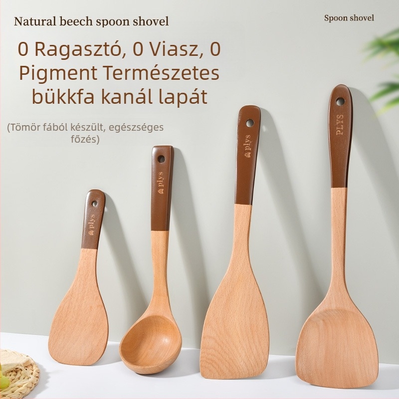 Hosszú nyelű fa spatula, rizskanál és leveskanál készlet antiadhéziós edényekhez