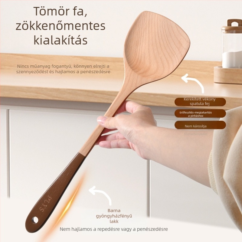 Hosszú nyelű fa spatula, rizskanál és leveskanál készlet antiadhéziós edényekhez