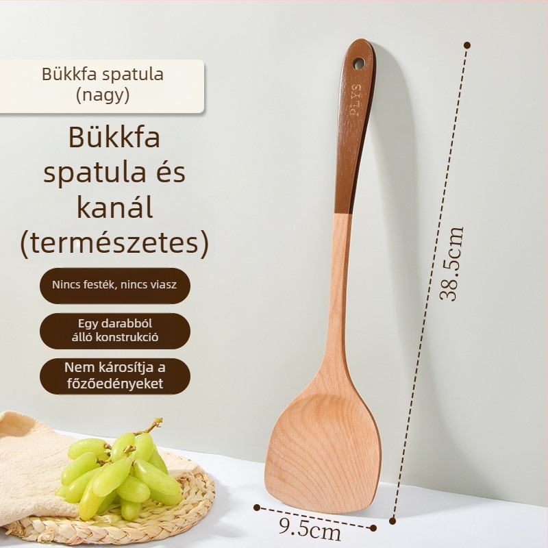 Hosszú nyelű fa spatula, rizskanál és leveskanál készlet antiadhéziós edényekhez