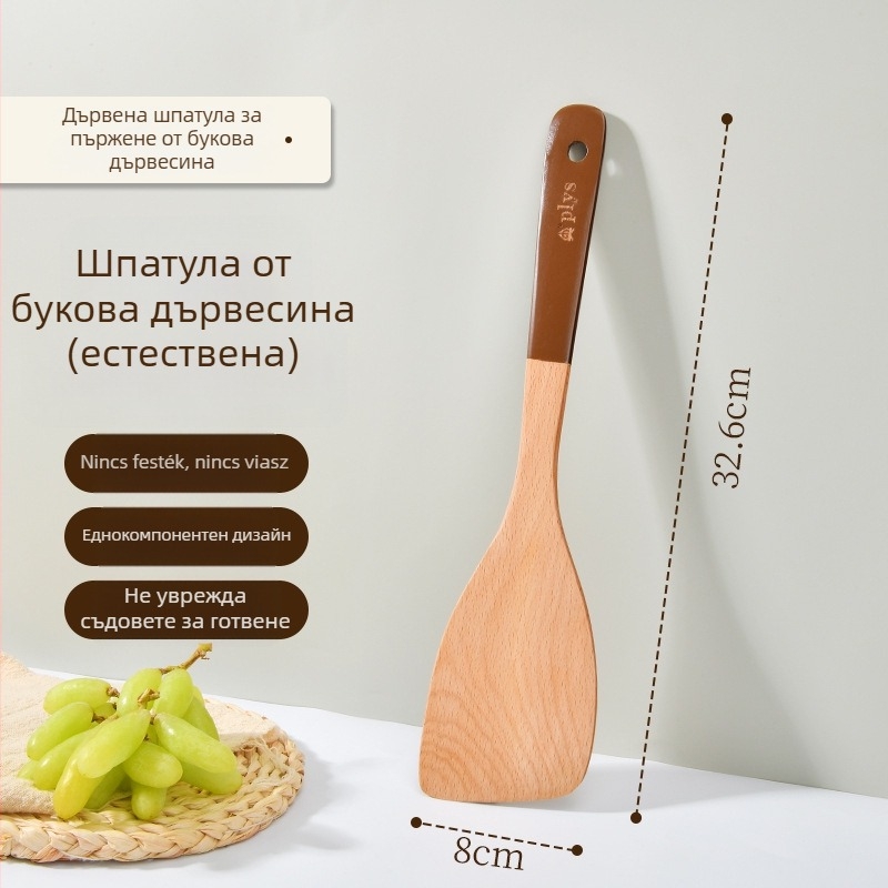 Hosszú nyelű fa spatula, rizskanál és leveskanál készlet antiadhéziós edényekhez