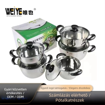 Rozsdamentes acél edénykészlet fedőkkel – 10 darabos, tejfőző és leveses fazekak, üvegfedőkkel, méretek 16–24 cm