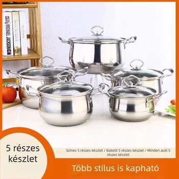 Rozsdamentes acél edénykészlet fedőkkel – 10 darabos, tejfőző és leveses fazekak, üvegfedőkkel, méretek 16–24 cm