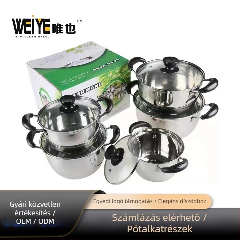 Rozsdamentes acél edénykészlet fedőkkel – 10 darabos, tejfőző és leveses fazekak, üvegfedőkkel, méretek 16–24 cm
