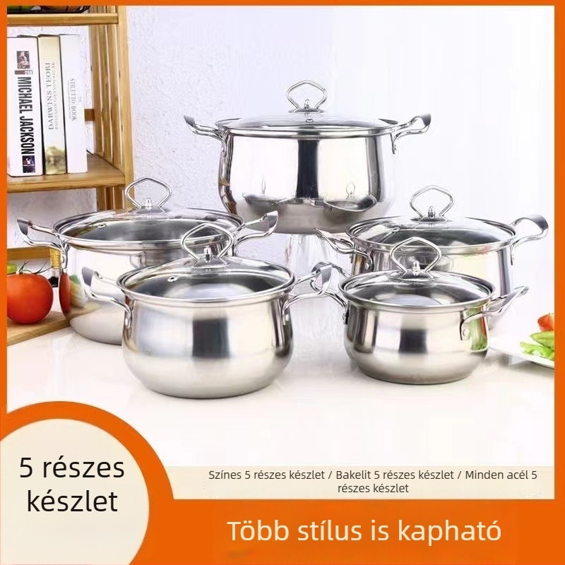 Rozsdamentes acél edénykészlet fedőkkel – 10 darabos, tejfőző és leveses fazekak, üvegfedőkkel, méretek 16–24 cm