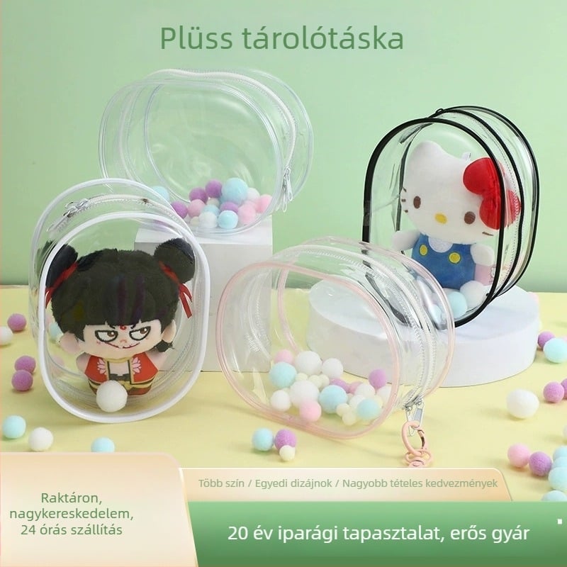 15 cm-es plüss baba tároló táska, átlátszó PVC-vel, vízálló és porvédő utazáshoz