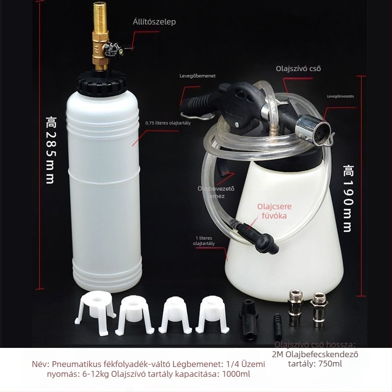 Pneumatikus fékfolyadék-cserélő készlet – 1000 ml töltőflakon, 750 ml pumpa, nyomásálló cső, levegőcsatlakozó és tömlő
