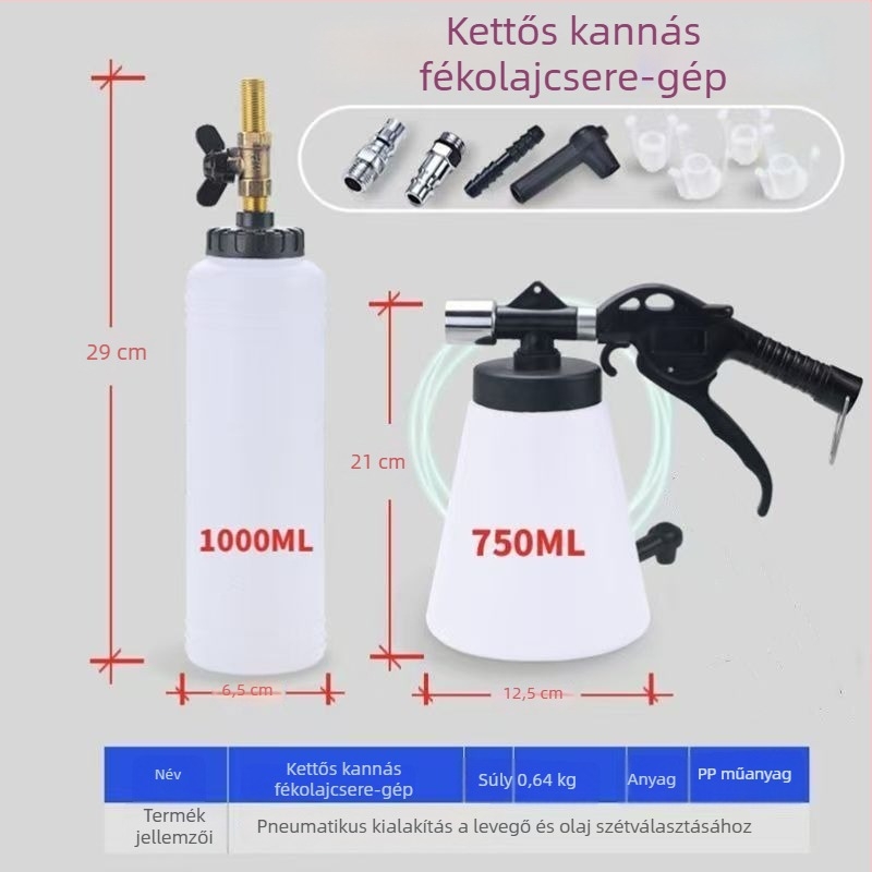 Pneumatikus fékfolyadék-cserélő készlet – 1000 ml töltőflakon, 750 ml pumpa, nyomásálló cső, levegőcsatlakozó és tömlő