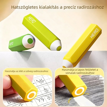 Hero hatszögletű radír – nyom nélkül, tiszta felület, nem hagy foltot, karikatúra dizájn, nem toxikus, 66×17 mm, anyag: TPE, diákoknak