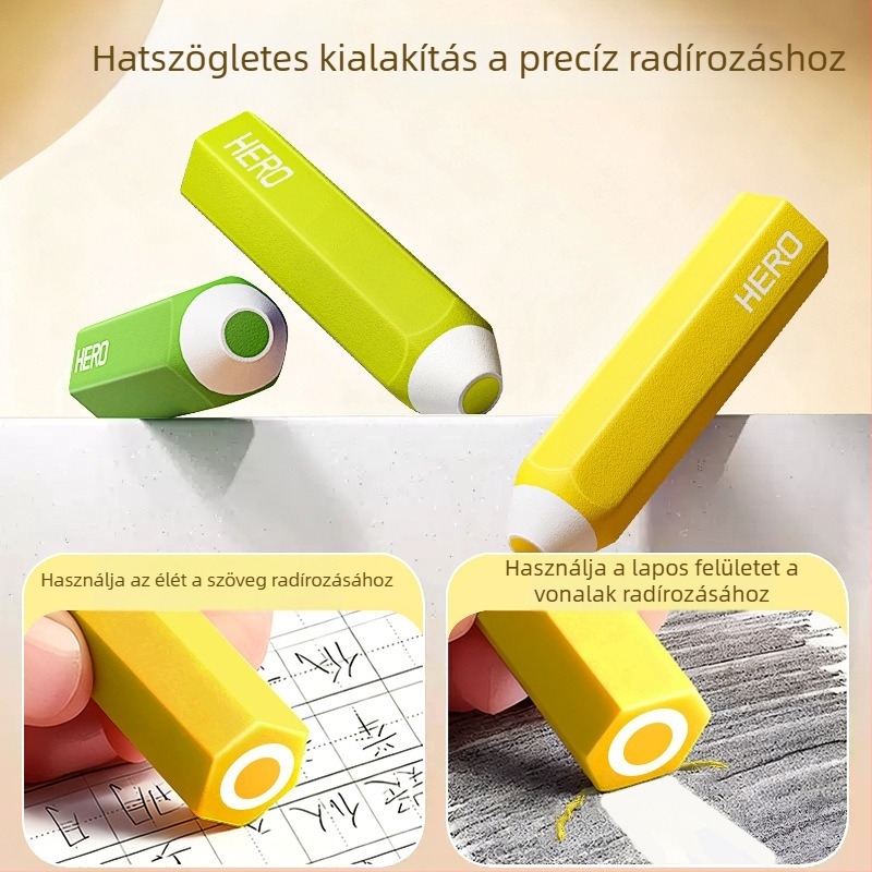 Hero hatszögletű radír – nyom nélkül, tiszta felület, nem hagy foltot, karikatúra dizájn, nem toxikus, 66×17 mm, anyag: TPE, diákoknak