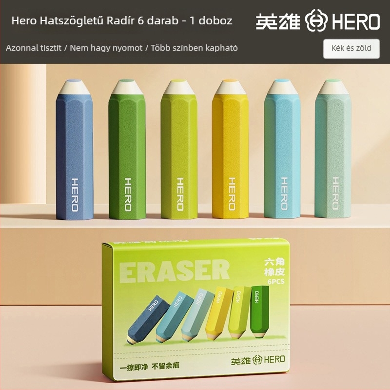 Hero hatszögletű radír – nyom nélkül, tiszta felület, nem hagy foltot, karikatúra dizájn, nem toxikus, 66×17 mm, anyag: TPE, diákoknak