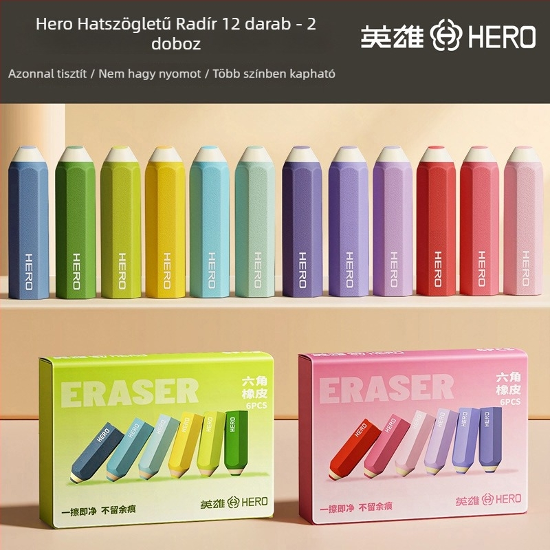 Hero hatszögletű radír – nyom nélkül, tiszta felület, nem hagy foltot, karikatúra dizájn, nem toxikus, 66×17 mm, anyag: TPE, diákoknak