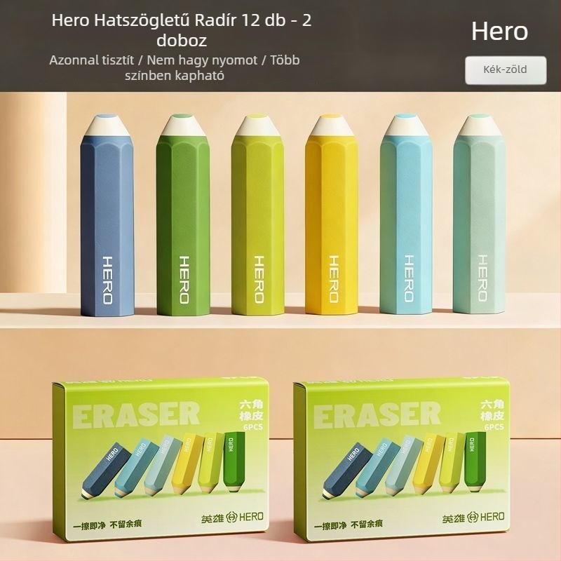 Hero hatszögletű radír – nyom nélkül, tiszta felület, nem hagy foltot, karikatúra dizájn, nem toxikus, 66×17 mm, anyag: TPE, diákoknak